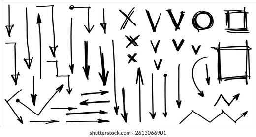 Hand drawn arrows, text underline strokes, emphasis marks, highlights. Set of Sketches of arrows, ellipse, rectangle, oval and mark. Collection of vector doodle elements and shapes for notes
