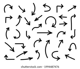  Hand drawn arrows thin, black. Arrows in hand drawn style. Isolated on white background. Editable Stroke. Vector illustration