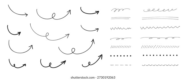 Flechas dibujadas a mano y conjunto de decoración de subrayado - iconos vectoriales simples