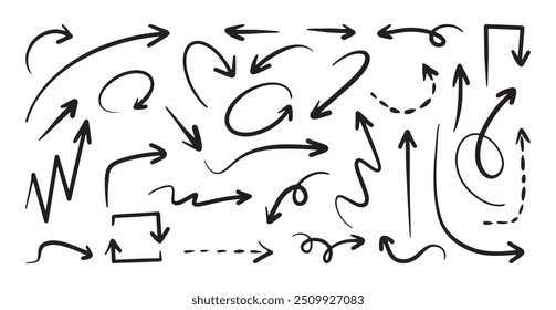 Flechas dibujadas a mano en varias direcciones con líneas delgadas sobre fondo blanco. Vector ilustración de dibujos animados