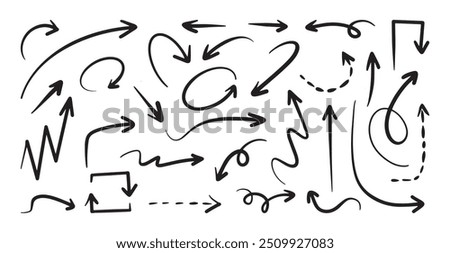 Hand drawn arrows in various directions with thin lines on white background. Vector cartoon illustration