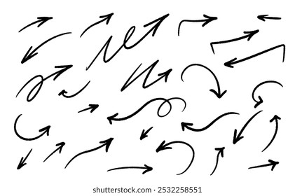 Сollection of hand drawn arrows in various styles, perfect for creative projects, presentations, and educational materials