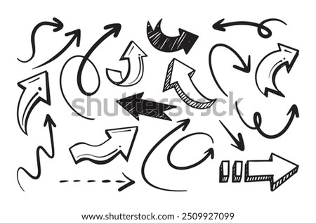 Hand drawn arrows in various styles and directions on white background. Vector cartoon illustration
