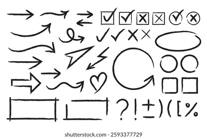 Hand drawn arrows with various twists and turns, Set of Arrow Grunge Routes line trace on white background.