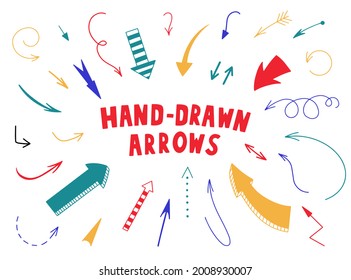 Hand drawn arrows. Vector arrows digital set in doodle comic style. Curved cartoon pointers collection. Abstract set of colorful arrows.