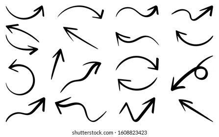 Hand drawn arrows vector icons set. Arrow design for application, doodle, business planing and graphic design element. 