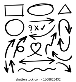 Hand drawn arrows vector icons set. Arrow design for application, doodle, business planing and graphic design element. 