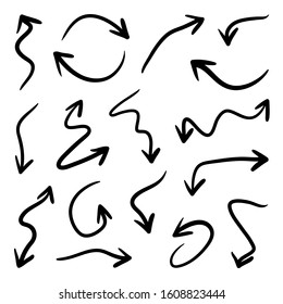 Hand drawn arrows vector icons set. Arrow design for application, doodle, business planing and graphic design element. 
