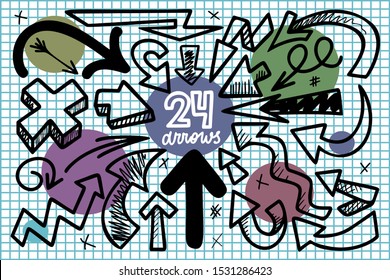 Hand drawn arrows vector illustration set. Pointers collection isolated on white. Linear icons pack