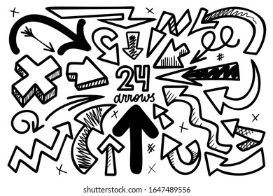 Hand drawn arrows vector illustration set. Pointers collection isolated on white. Linear icons pack