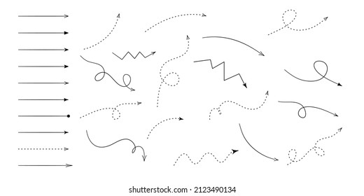 Hand drawn arrows. Vector set of different dirrection black elements. Up, down, left, right, twisted isolated black doodle arrows on a white background.
