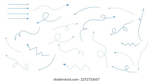 Hand drawn arrows. Vector set of different dirrection blue elements. Up, down, left, right, twisted isolated blue doodle arrows on a white background.