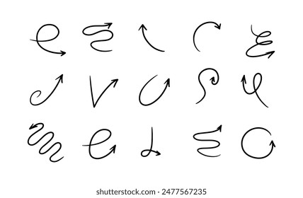 Hand drawn arrows vector set. Scribble lines, swirls arrows, scrawls. Doodle drawing. Direction pointers.