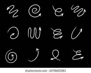 Hand drawn arrows vector set. Scribble lines, swirls arrows, scrawls. Doodle drawing. Direction pointers.