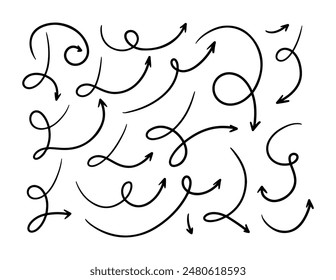 Hand drawn arrows vector set. Scribble lines, swirls arrows, scrawls. Doodle drawing. Direction pointers.