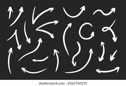 Hand drawn arrows vector set. Scribble lines, swirls arrows, scrawls. Doodle drawing. Direction pointers on black background