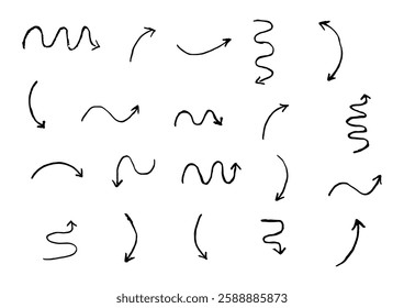 Hand drawn arrows vector set, Doodle sketch arrow collection, isolated on white background

