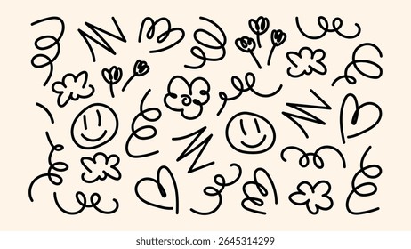 Hand drawn arrows wavy lines fluffy tuchki and naive circles for stickers and posters