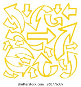 Hand drawn arrows in yellow. Stylish elements for design. Vector illustration.
