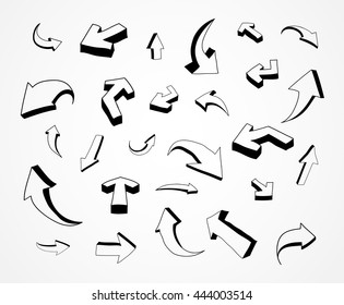 Hand drawn arrows.Vector 3D arrows.