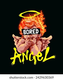 HAND DRAWN art of angel graffiti slogan with boy angel on fire vector illustration on black background