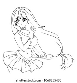 Hand drawn art, anime cartoon style. Cute anime girl with long hair. Vector illustration. Can be used for coloring book, tattoo, cards. 