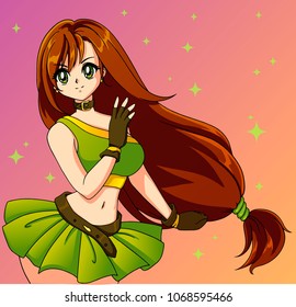 Hand drawn art, anime cartoon style. Cute anime girl with long red hair. Vector illustration. Can be used for children's coloring book, tattoo, cards.