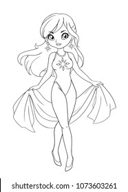 Hand drawn art, anime cartoon style. Girl wearing swimsuit with pareo. Vector illustration. Can be used for coloring book, tattoo, cards, games. Contour. Isolated on white background. 