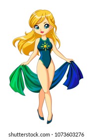 Hand drawn art, anime cartoon style. Girl wearing swimsuit with pareo. Vector illustration. Can be used for coloring book, tattoo, cards, mobile games, notebook. Isolated on white background.