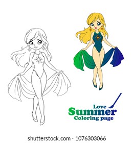 Hand drawn art, anime cartoon style. Girl wearing swimsuit with pareo. Vector illustration. Can be used for coloring book, coloring page, cards, mobile games, notebook. Isolated on white background.