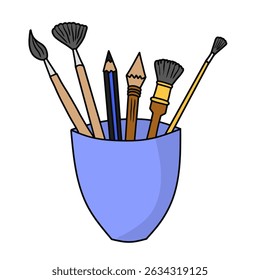 Hand drawn art brushes and pencils in cup vector. Art and craft supplies in container. Perfect for art, creativity, education, school, and hobby related designs