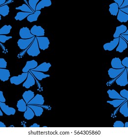 Hand drawn art with copy space on a black background. Hibiscus flowers in blue colors. Watercolor painting effect, vector vertical sketch with hibiscus flower, blossom and multicolored leaves isolated