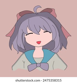 hand drawn art of a cute anime girl, with purple hair and a sweet smile