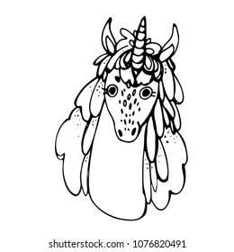 Hand drawn art of cute unicorn isolated on white. Simple sweet kids nursery illustration. Graphic design for apparel.