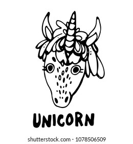 Hand drawn art of cute unicorn isolated on white. Simple sweet kids nursery illustration. Graphic design for apparel.