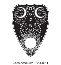 Hand drawn art divination board planchette isolated. Antique style boho chic sticker, tattoo or print design vector illustration.