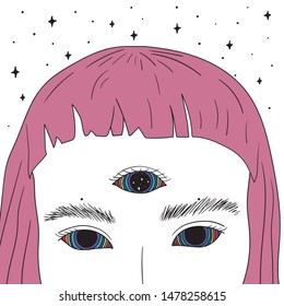 Hand Drawn art of girl with rainbow eyes in the space