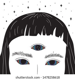 Hand Drawn art of girl with rainbow eyes in the space