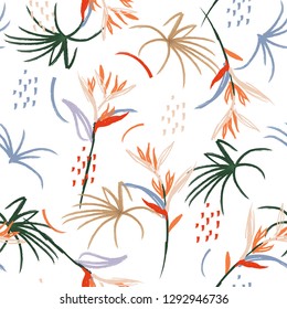 Hand drawn art illustration  Artistic abstract watercolor brush seamless pattern. Hand drawn sketch tropical bird of paradise palm leaves, texture, splatter, brush strokes on white background color 