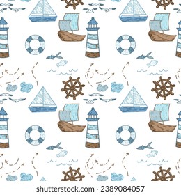Hand drawn art illustration of cartoon marin, seamless pattern.