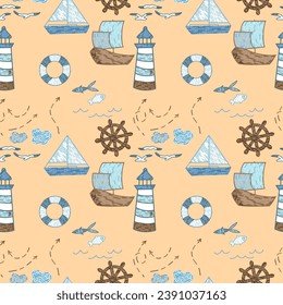 Hand drawn art illustration of cartoon marin, seamless pattern.