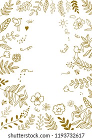 Hand drawn art illustration. Gold vector isolated floral background. Design for prints, cards.