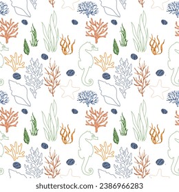 Hand drawn art illustration seamless pattern of cartoon underwater life