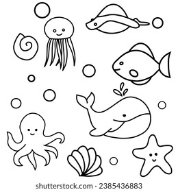 Hand drawn art illustration set of cartoon underwater animals