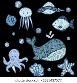 Dibujo artístico de mano conjunto de dibujos animados submarinos