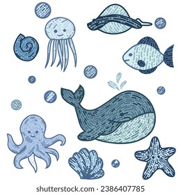 Hand drawn art illustration set of cartoon underwater animals