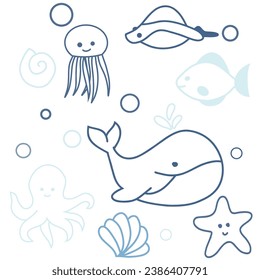Hand drawn art illustration set of cartoon underwater animals