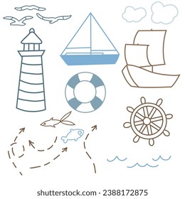Hand drawn art illustration set of cartoon marin