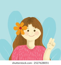 Hand drawn art of a little girl with a flower. Vector illustration.