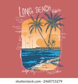 Hand drawn art long Beach Vibes summer sunset beach graphic print , hand written font sea, palm tree, sun, sunset, wave, mountain mixed together this design, Summer vibes graphic print design